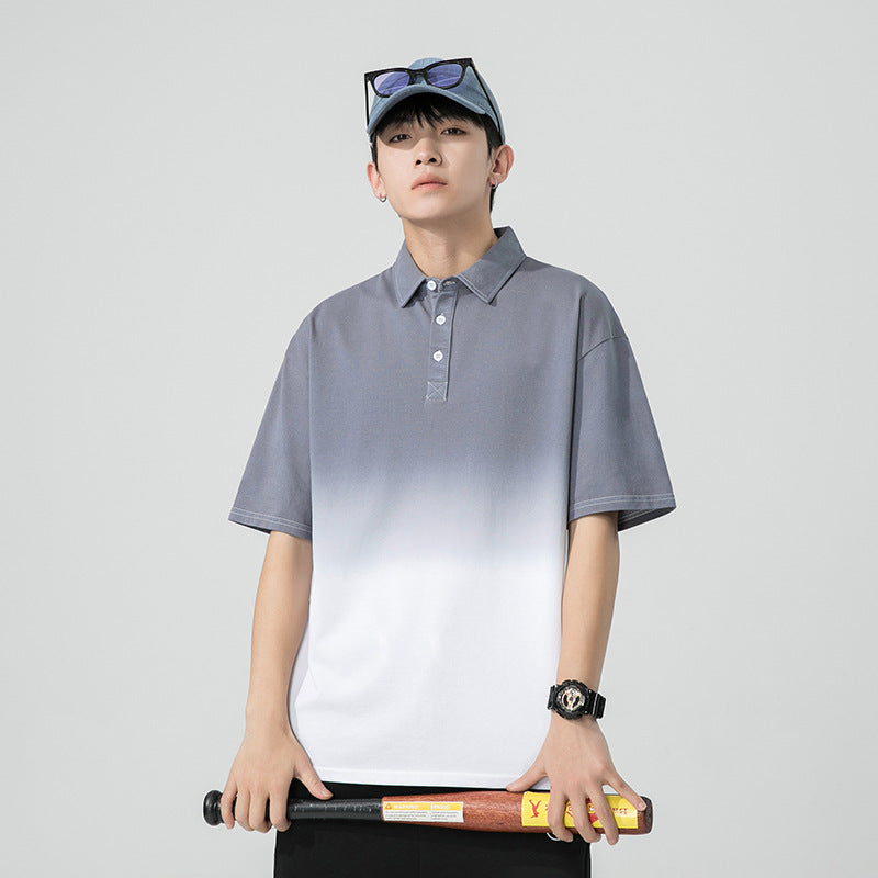 Grey gradient silk cotton lapel T-shirt for men