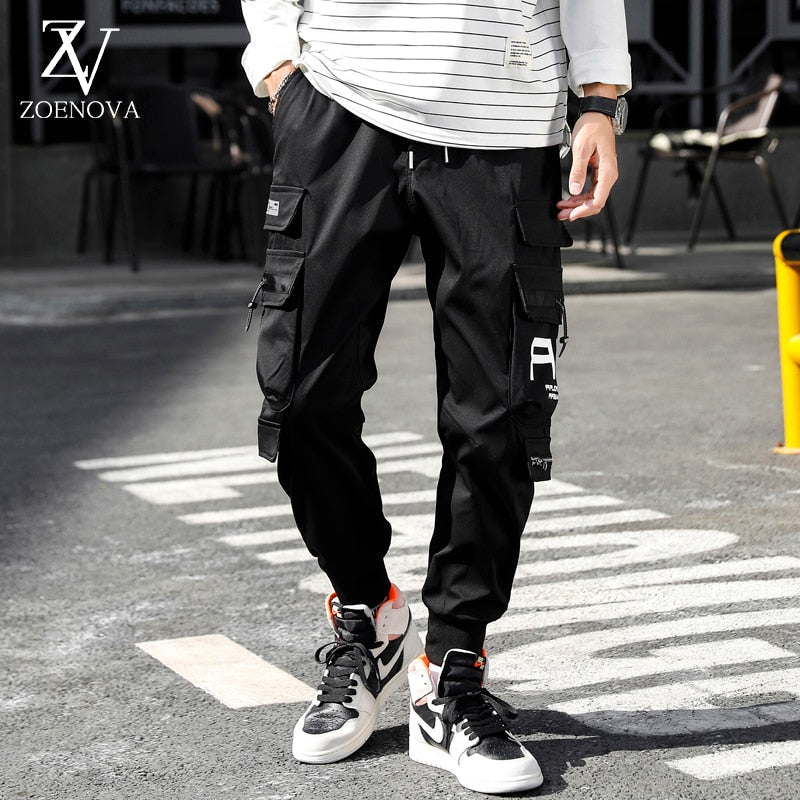 HIQOR Ribbons Multi Pockets Cargo Pants Men Harajuku Casual Track Trouser Hip Hop Streetwear Techwear Pants Joggers Men