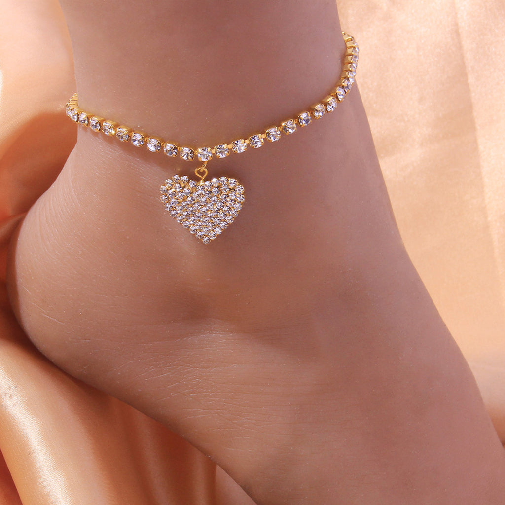Full Diamond Love Anklet Personality Wild Diamond Heart-Shaped Anklet Trendy Beach Jewelry