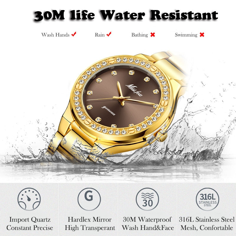 MISSFOX 2742 Elegant Woman Watch Luxury Brand Female Wristwatch Japan Movt 30M Waterproof Gold Expensive Analog Geneva Quartz Watch