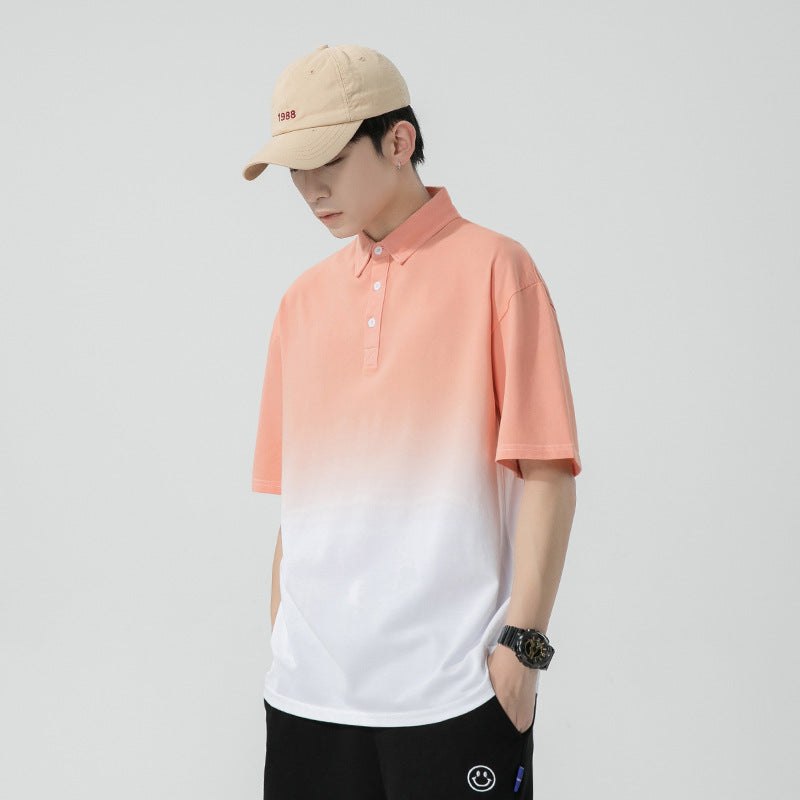 Grey gradient silk cotton lapel T-shirt for men