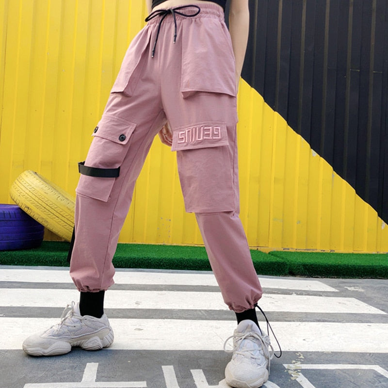 Spring Streetwear Embroidery Ladies Cargo Pants Women Casual Joggers Solid Big Pocket Pants High Waist Loose Female Trousers
