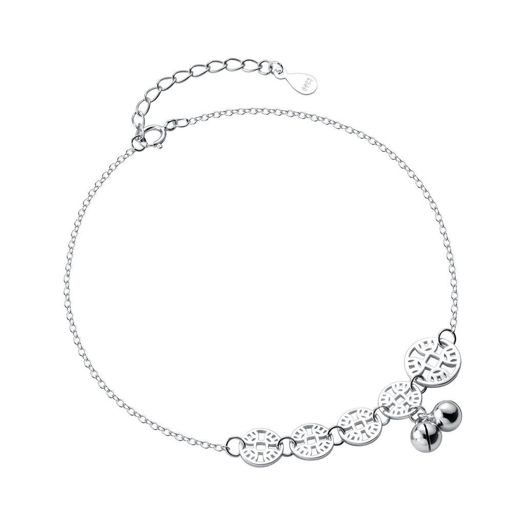 S925 Silver Ethnic Retro Style Copper Coin Bell Men's And Women's Simple Style Temperament Personality Anklet