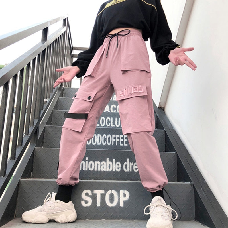 Spring Streetwear Embroidery Ladies Cargo Pants Women Casual Joggers Solid Big Pocket Pants High Waist Loose Female Trousers