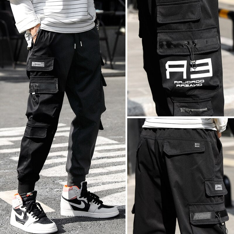 HIQOR Ribbons Multi Pockets Cargo Pants Men Harajuku Casual Track Trouser Hip Hop Streetwear Techwear Pants Joggers Men