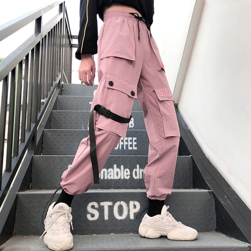 Spring Streetwear Embroidery Ladies Cargo Pants Women Casual Joggers Solid Big Pocket Pants High Waist Loose Female Trousers