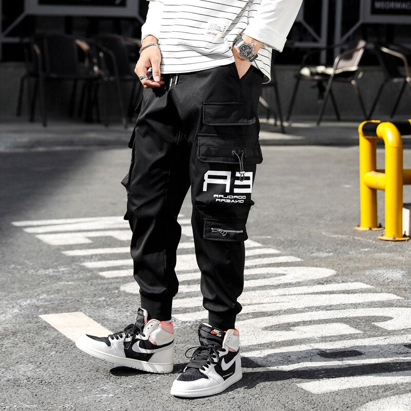 HIQOR Ribbons Multi Pockets Cargo Pants Men Harajuku Casual Track Trouser Hip Hop Streetwear Techwear Pants Joggers Men