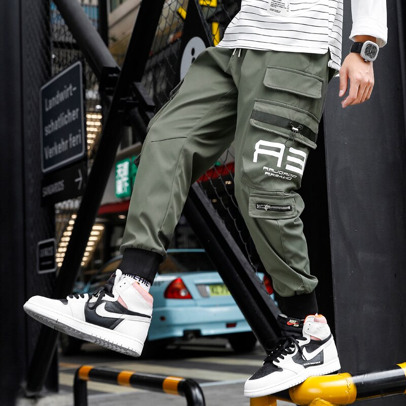 HIQOR Ribbons Multi Pockets Cargo Pants Men Harajuku Casual Track Trouser Hip Hop Streetwear Techwear Pants Joggers Men