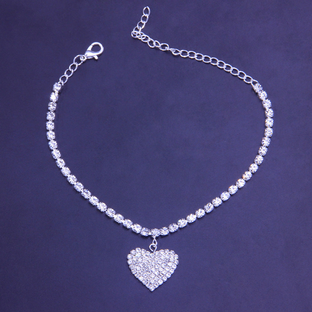 Full Diamond Love Anklet Personality Wild Diamond Heart-Shaped Anklet Trendy Beach Jewelry