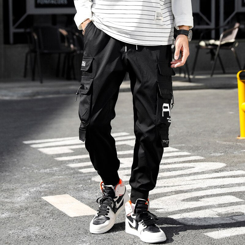 HIQOR Ribbons Multi Pockets Cargo Pants Men Harajuku Casual Track Trouser Hip Hop Streetwear Techwear Pants Joggers Men
