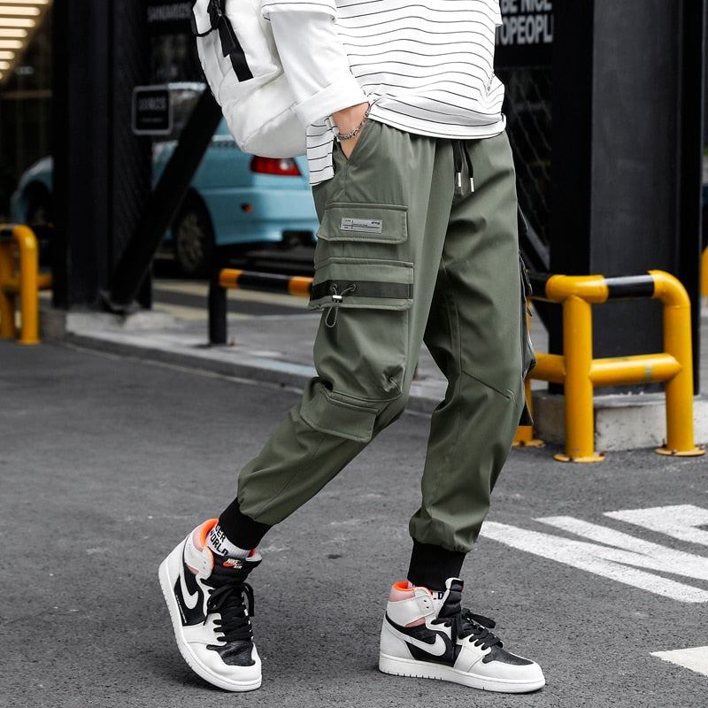 HIQOR Ribbons Multi Pockets Cargo Pants Men Harajuku Casual Track Trouser Hip Hop Streetwear Techwear Pants Joggers Men