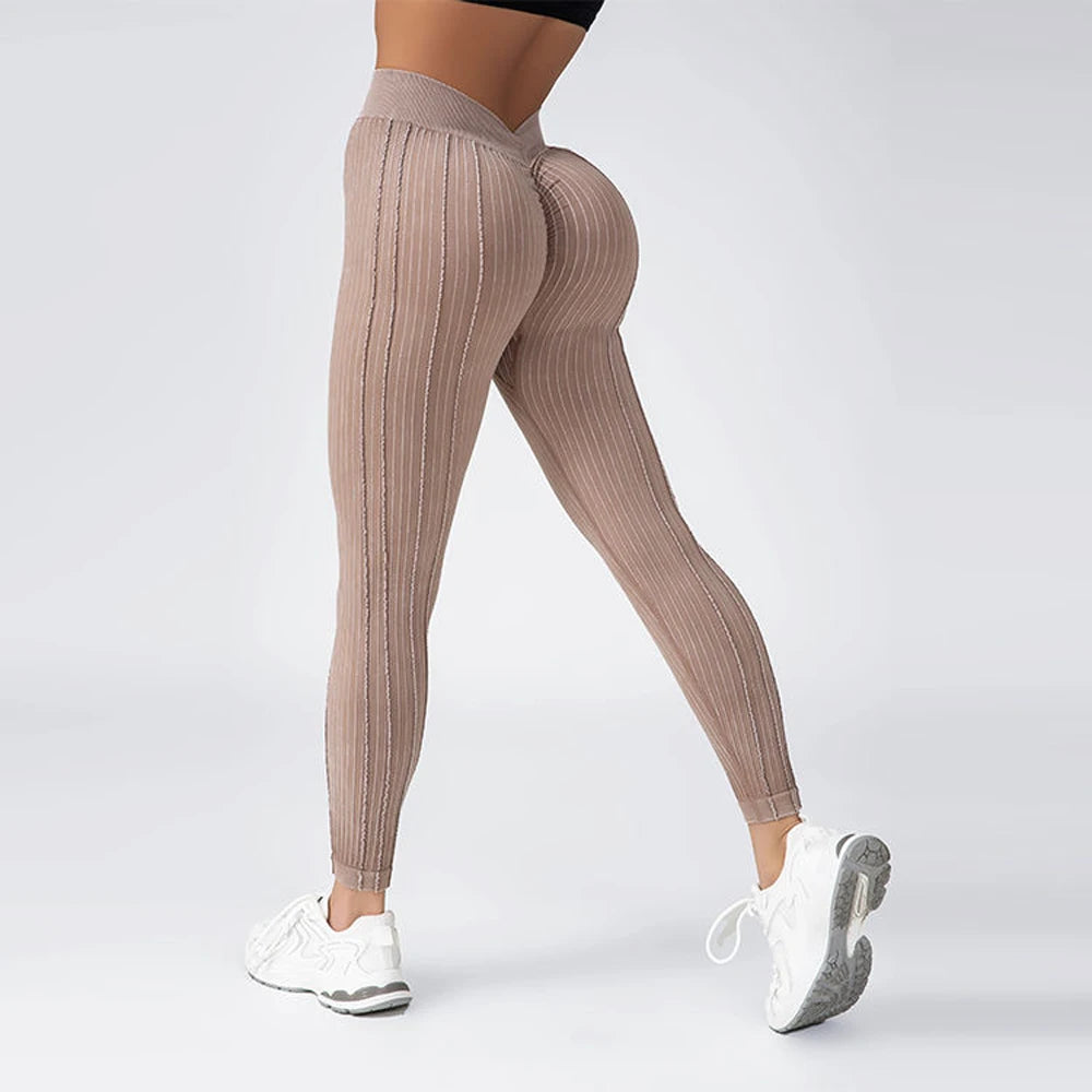 Women Striped Leggings V Back Fashion Gym Outdoor Fitness Athletic Workout Elastic Leggins Yoga Pants Sports Training Tights