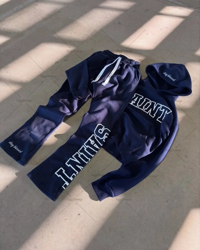 High Street Trendy Retro Letter Print Men's Sportswear Set Hip-Hop Punk Streetwear Hoodie Women Harajuku Casual Loose Sweatpants