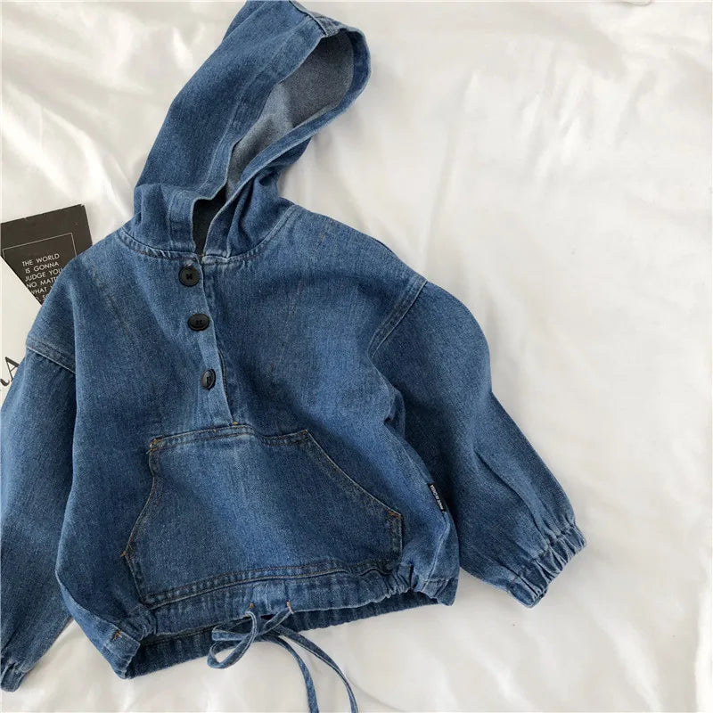 Hoodie for Children Spring Autumn Long Sleeve Blue Denim Hoody Fashion Sweatshirts New Comfortable Loose Girls Boys Tops GY03232