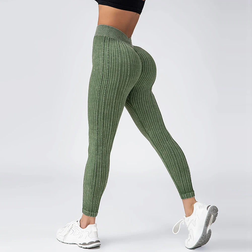 Women Striped Leggings V Back Fashion Gym Outdoor Fitness Athletic Workout Elastic Leggins Yoga Pants Sports Training Tights