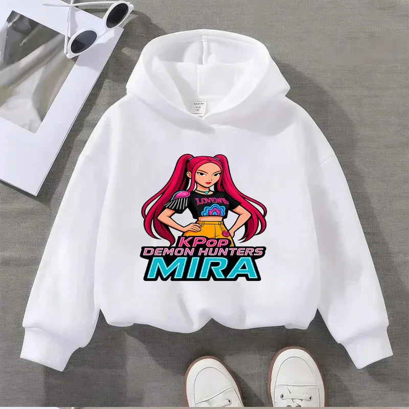 Hoodie for girls, warm Rumi KPop Demon Hunter coat, fashionable casual t-shirts with cartoon waves for children, casual black an
