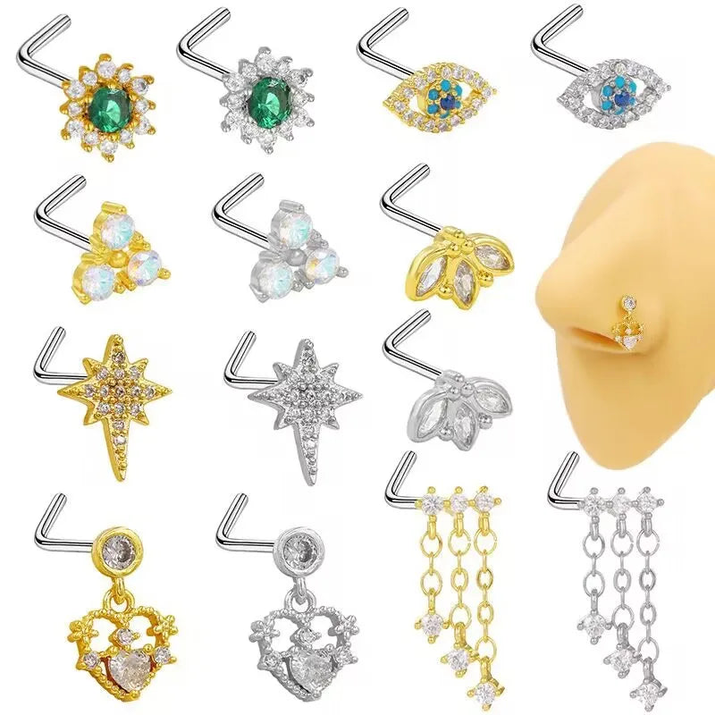 Nose Rings for Women Surgical Steel L Bend Pin CZ Heart Dangle Nose Stud Ring Fashion Body Piercing Jewelry 20G 7mm