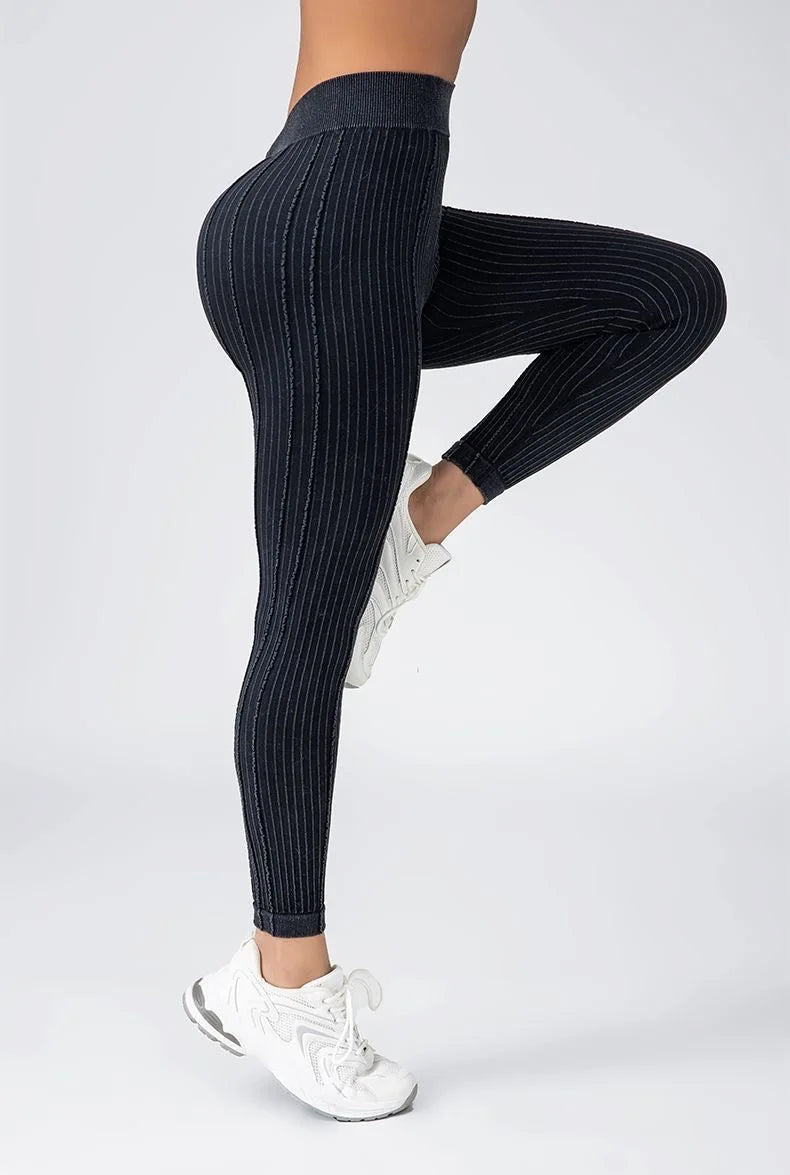 Women Striped Leggings V Back Fashion Gym Outdoor Fitness Athletic Workout Elastic Leggins Yoga Pants Sports Training Tights