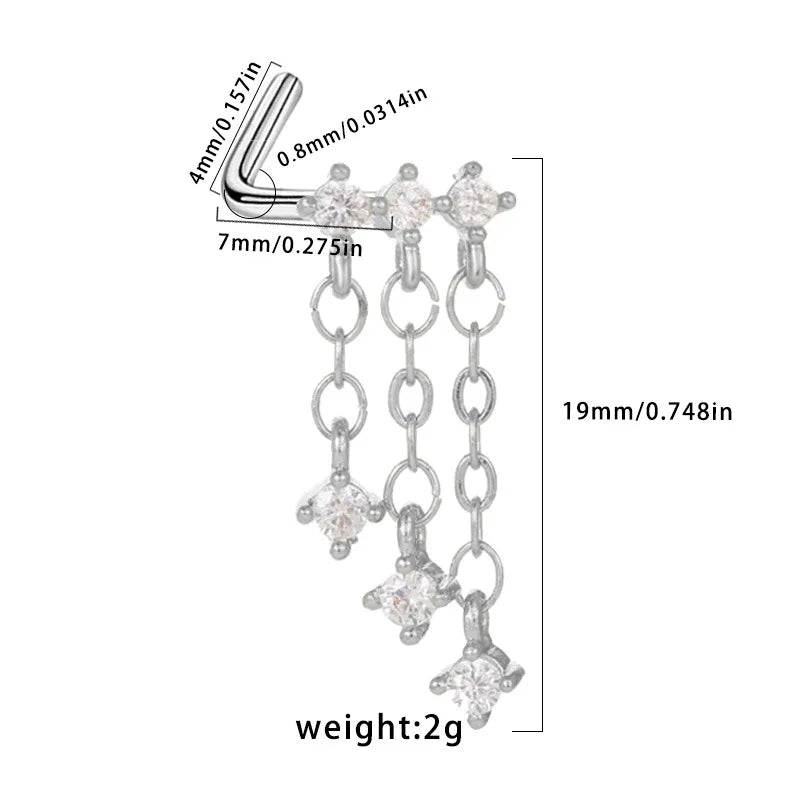 Nose Rings for Women Surgical Steel L Bend Pin CZ Heart Dangle Nose Stud Ring Fashion Body Piercing Jewelry 20G 7mm