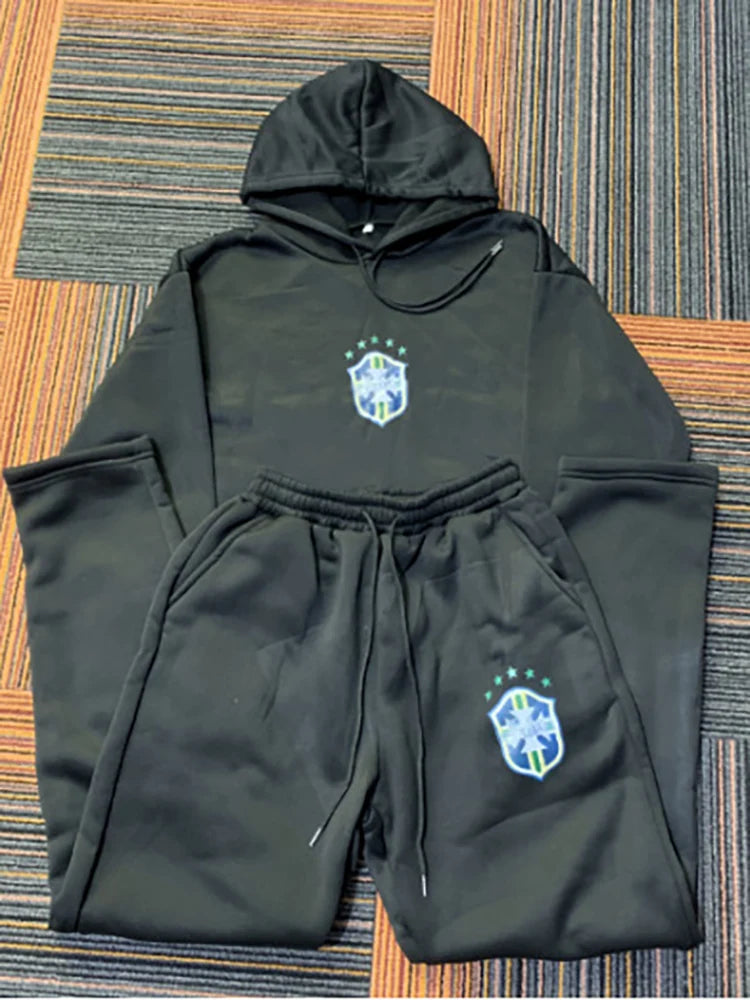 American Hip-Hop Sets Mens High Street Y2K Hoodie Straight Sweatpants Couple Printed Suit Spring Autumn Streetwear Hoodie Sets