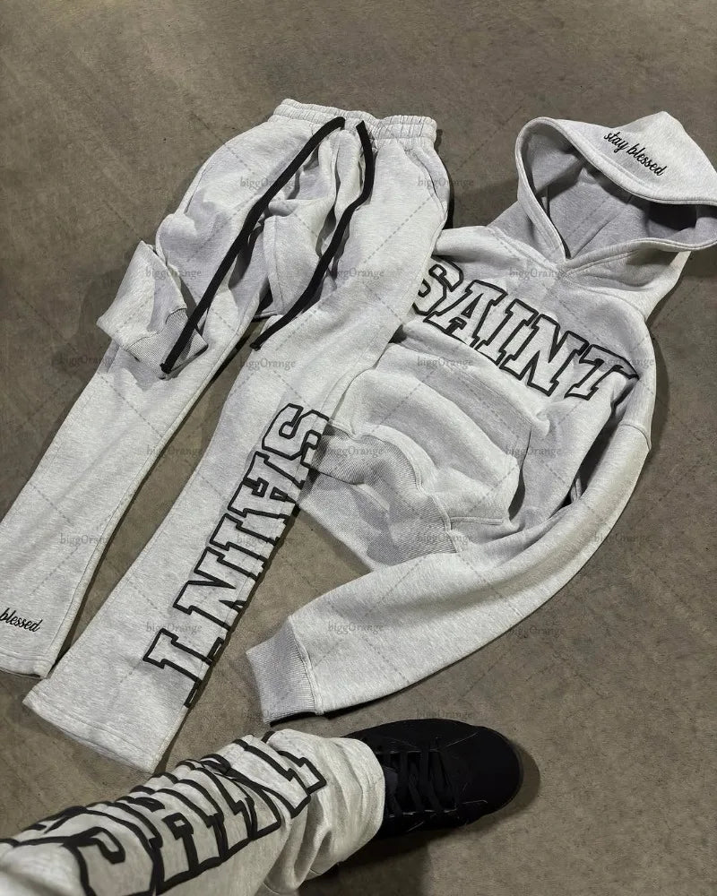 High Street Trendy Retro Letter Print Men's Sportswear Set Hip-Hop Punk Streetwear Hoodie Women Harajuku Casual Loose Sweatpants