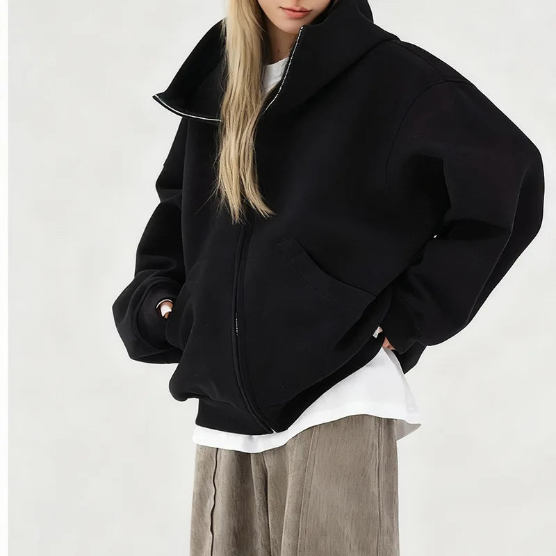 Hoodie  Outerwear  Hooded  Cardigan  Mid Length   Autumn and Winter Thick Loose Hoodie