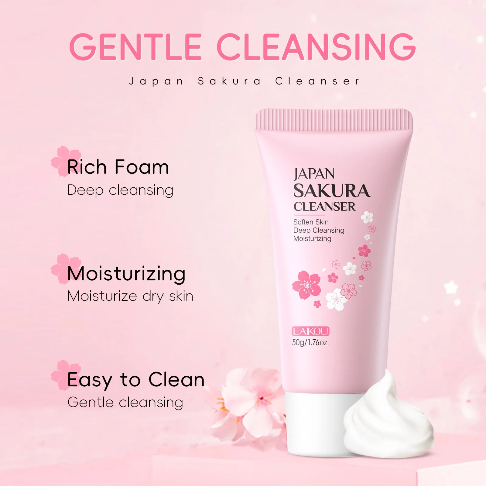 LAIKOU Sakura Cleanser Gentle Deep Cleaning Oil Control Moisturizing Shrink Pores Face Skin Care 50g Skin Cleanser All Skin Type