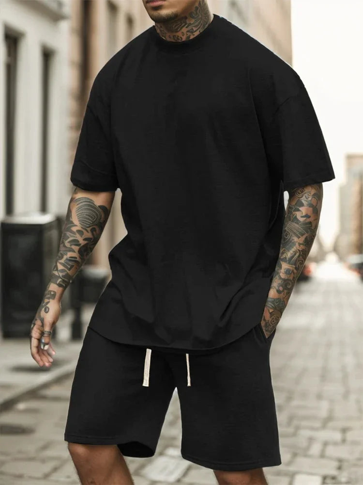 Men's Streetwear Summer Cotton T Shirt Shorts Sets Women Loose Solid Color Casual T-Shirt Suit Jogging Short Sleeve Short Pants