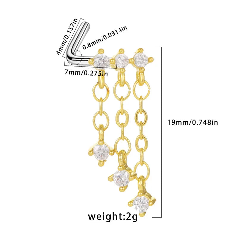 Nose Rings for Women Surgical Steel L Bend Pin CZ Heart Dangle Nose Stud Ring Fashion Body Piercing Jewelry 20G 7mm