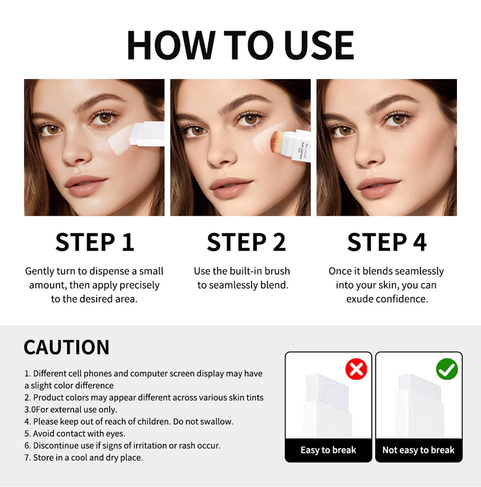 Foundation Stick Color Changing Foundation with Detachable Brush Blanc Cover Cream Stick Changing Hight Coverage Base Makeup