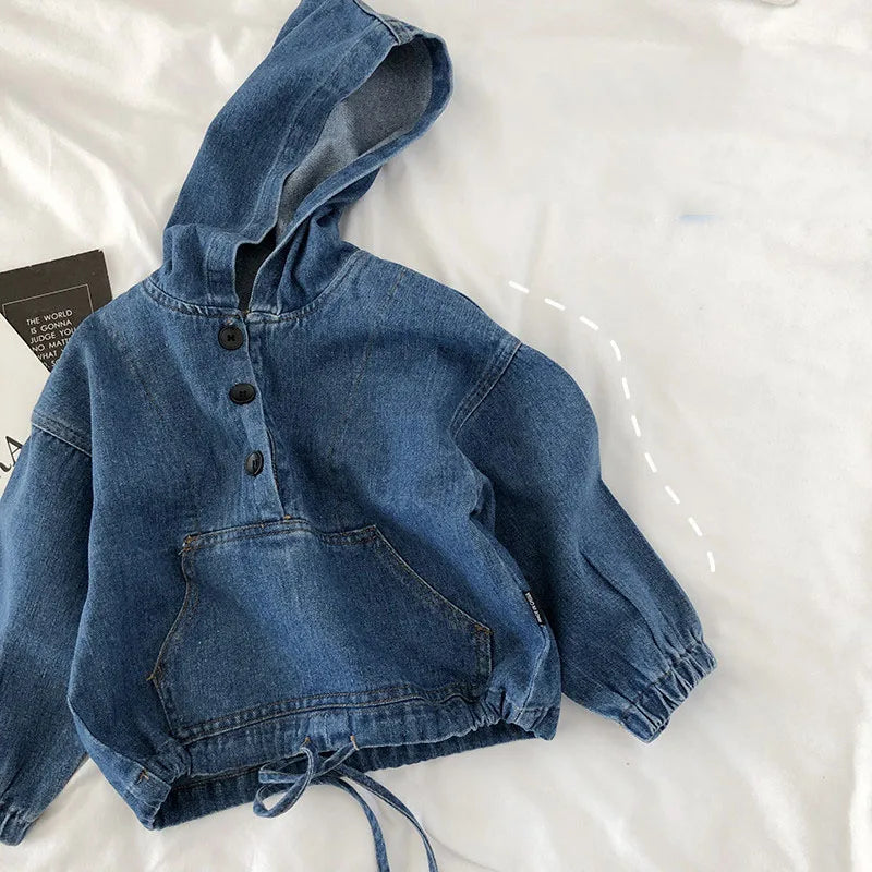 Hoodie for Children Spring Autumn Long Sleeve Blue Denim Hoody Fashion Sweatshirts New Comfortable Loose Girls Boys Tops GY03232