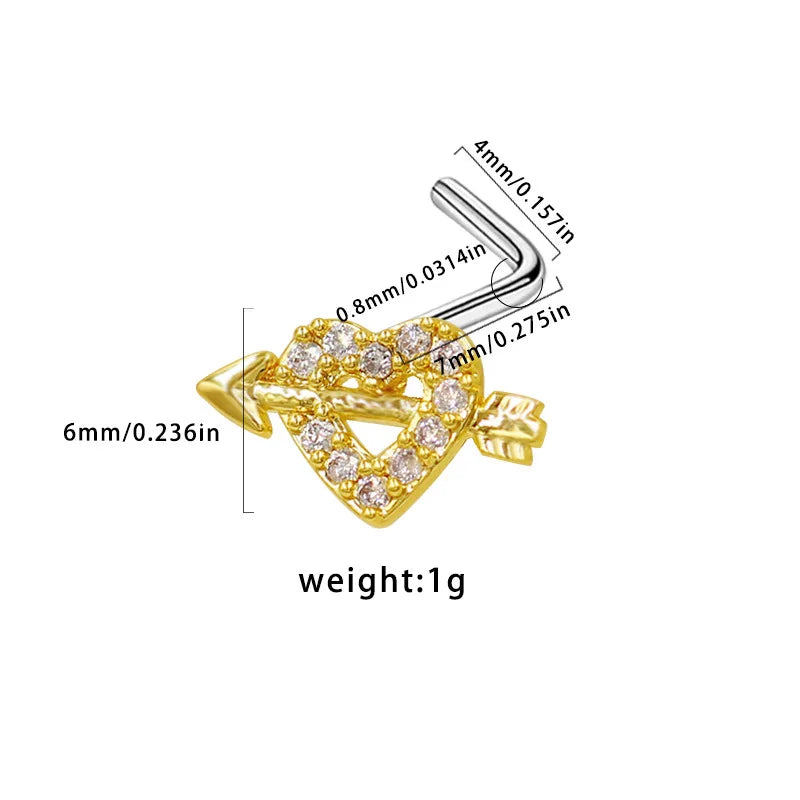 Nose Rings for Women Surgical Steel L Bend Pin CZ Heart Dangle Nose Stud Ring Fashion Body Piercing Jewelry 20G 7mm