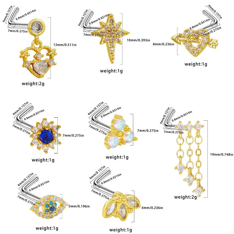 Nose Rings for Women Surgical Steel L Bend Pin CZ Heart Dangle Nose Stud Ring Fashion Body Piercing Jewelry 20G 7mm