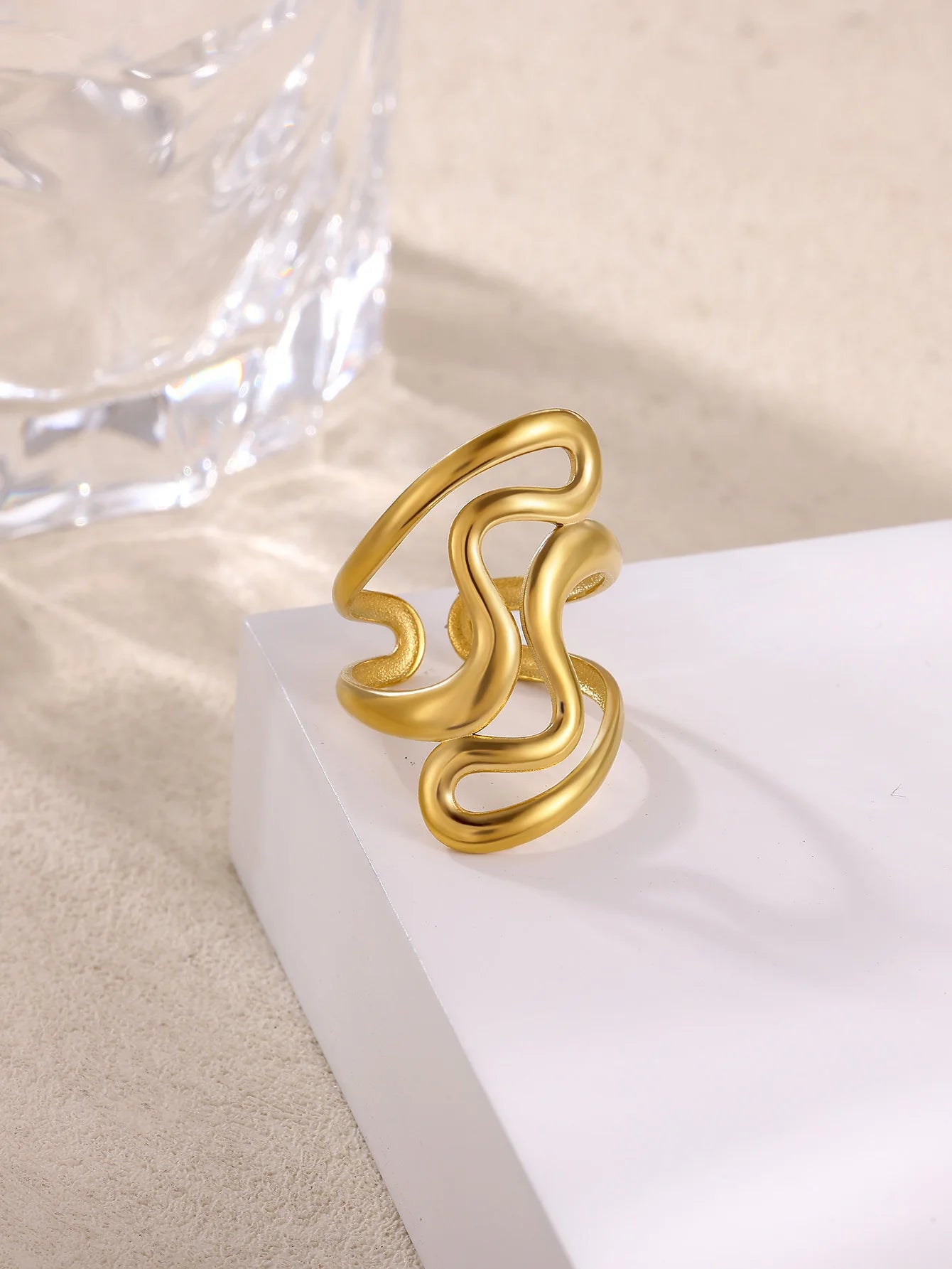 Irregular Geometric Rings for Women Gold Color ‌Stainless Steel Twisted Adjustable Ring Durable Rustproof Trendy Jewelry Gift