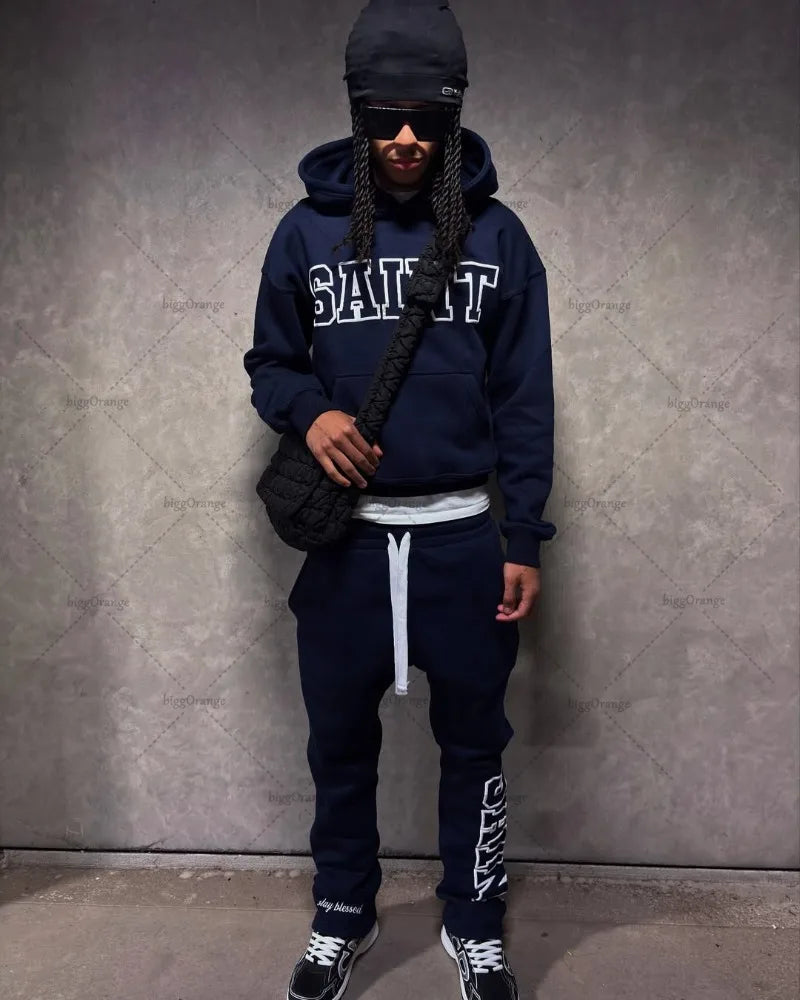 High Street Trendy Retro Letter Print Men's Sportswear Set Hip-Hop Punk Streetwear Hoodie Women Harajuku Casual Loose Sweatpants