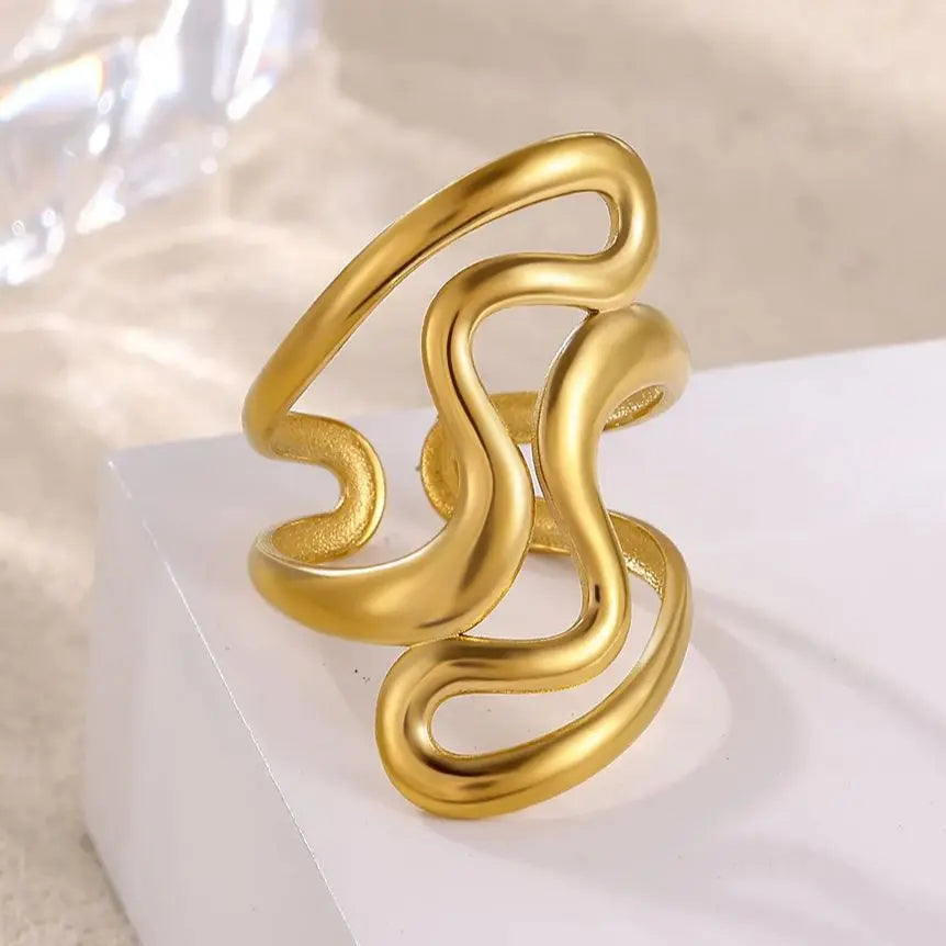 Irregular Geometric Rings for Women Gold Color ‌Stainless Steel Twisted Adjustable Ring Durable Rustproof Trendy Jewelry Gift