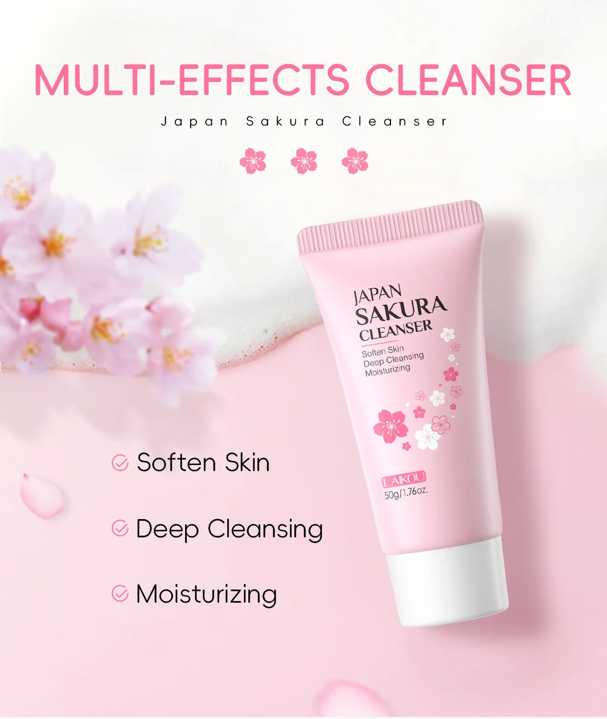 LAIKOU Sakura Cleanser Gentle Deep Cleaning Oil Control Moisturizing Shrink Pores Face Skin Care 50g Skin Cleanser All Skin Type