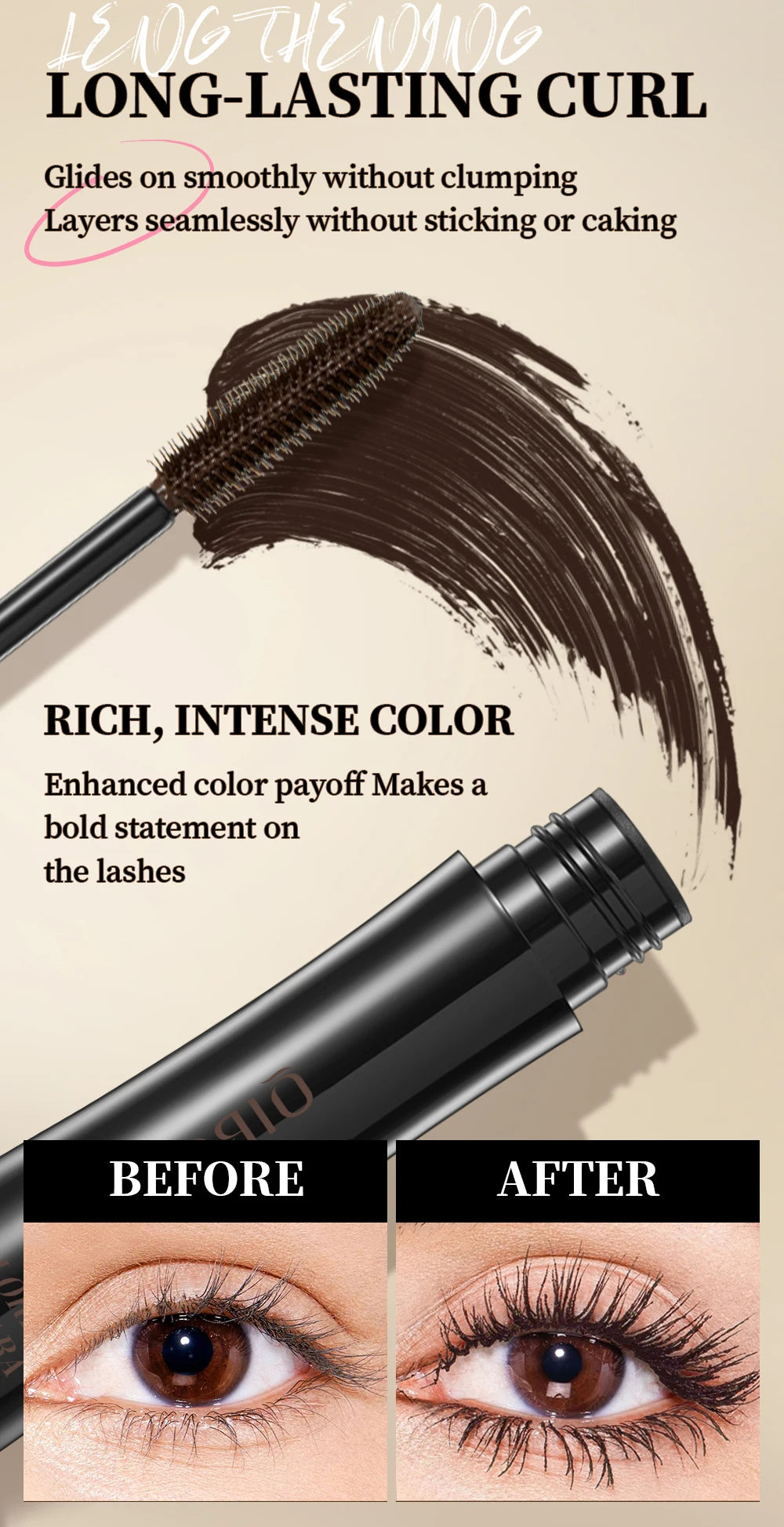 1PC color mascara  is refreshing, non greasy, non smudging, non caking, smooth, easy to apply, and natural curling