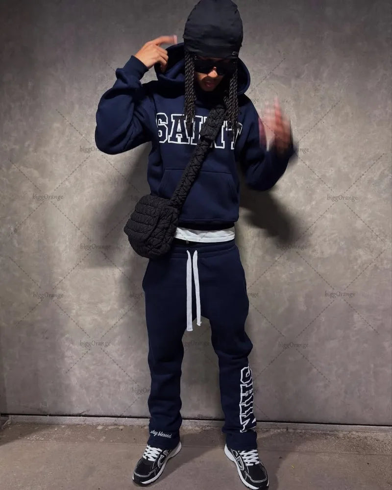 High Street Trendy Retro Letter Print Men's Sportswear Set Hip-Hop Punk Streetwear Hoodie Women Harajuku Casual Loose Sweatpants