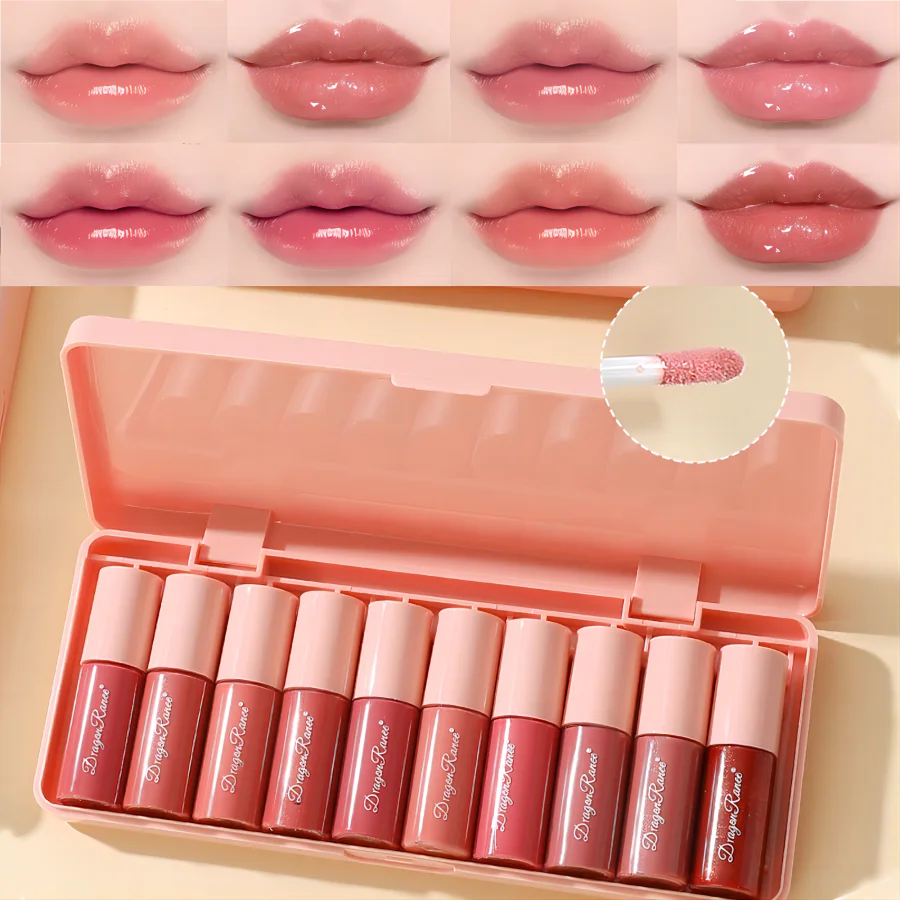 Set of 10 Shimmering Lip Glosses, Easy to Apply, Lip Glaze, Lipstick, Non-Stick Cup, Non-Fading, Moisturizing, Shiny Lip Gloss, Glass Lip, Shimmering Pearlescent Lip Gloss Set