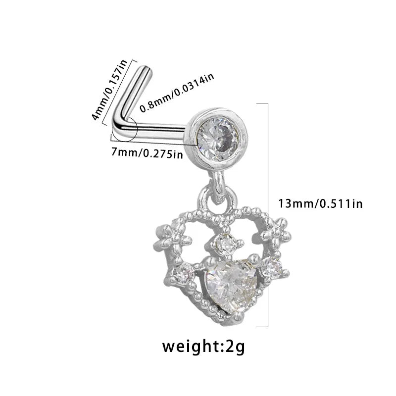 Nose Rings for Women Surgical Steel L Bend Pin CZ Heart Dangle Nose Stud Ring Fashion Body Piercing Jewelry 20G 7mm