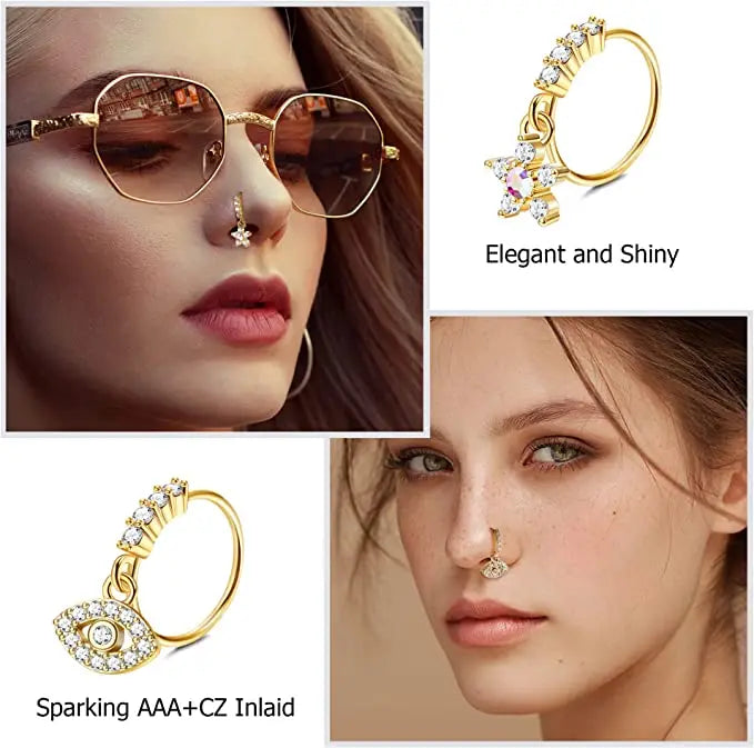 Nose Rings Hoop for Women Men Body Piercing Jewelry Cartilage Earring Nose Dangling CZ Cross Crown Starfish Dangle Nose Ring