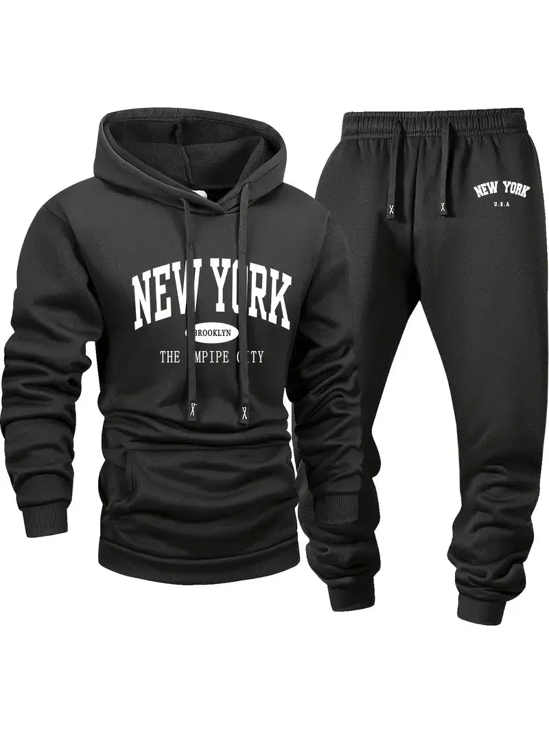 Men's sportswear set, fashionable street style city name printed sportswear for autumn and winter outdoor fitness and jogging ca