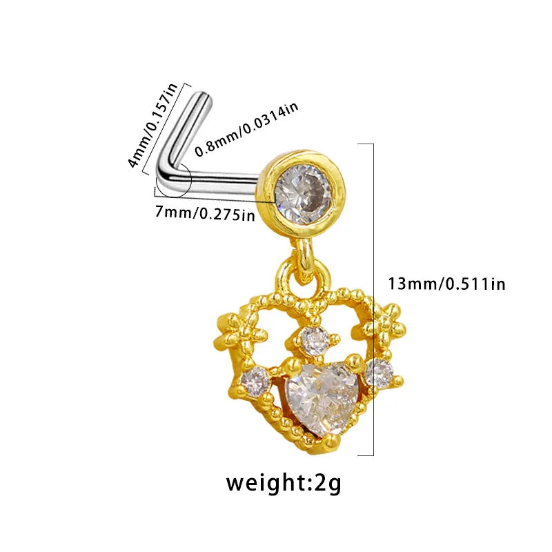 Nose Rings for Women Surgical Steel L Bend Pin CZ Heart Dangle Nose Stud Ring Fashion Body Piercing Jewelry 20G 7mm