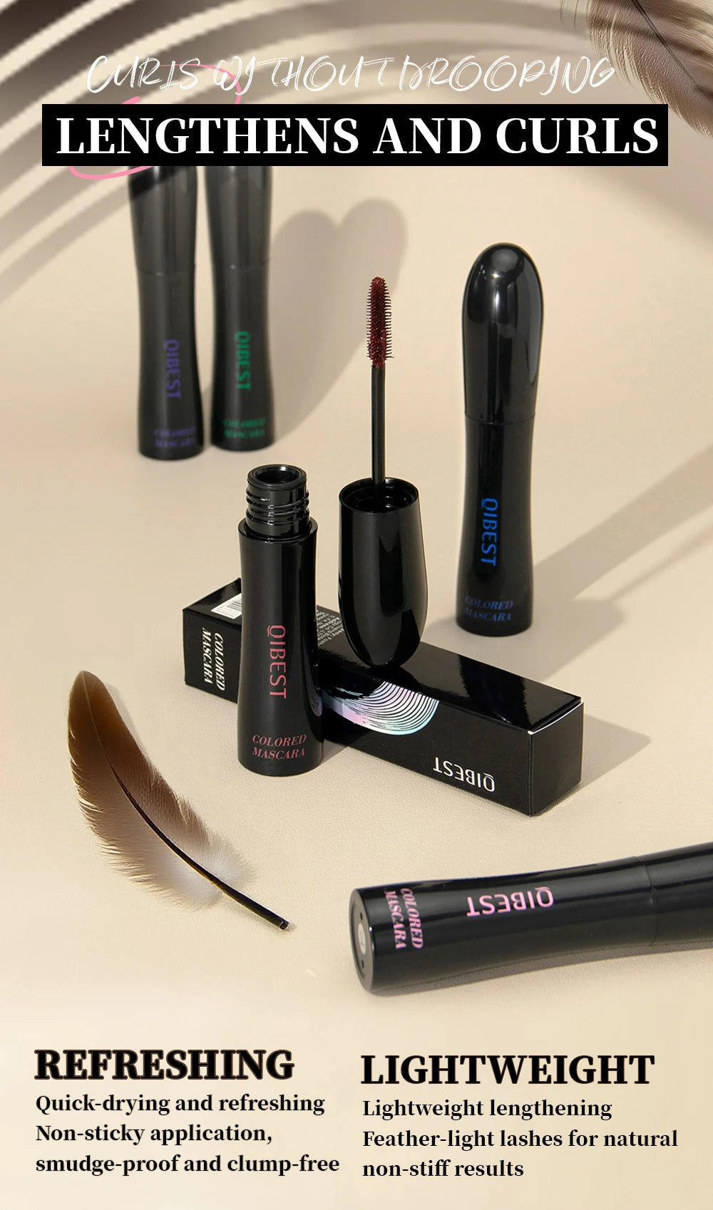 1PC color mascara  is refreshing, non greasy, non smudging, non caking, smooth, easy to apply, and natural curling