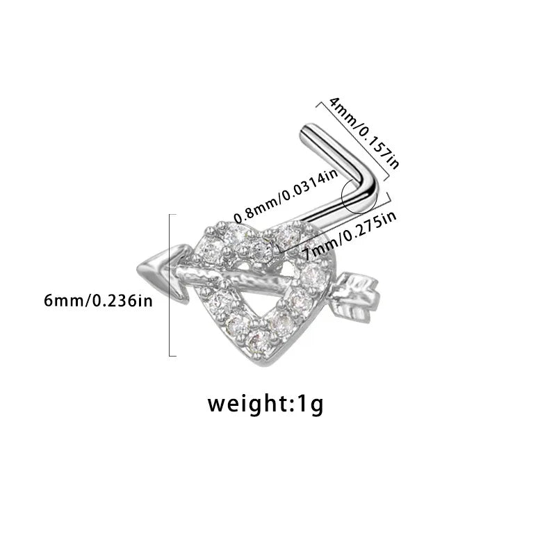 Nose Rings for Women Surgical Steel L Bend Pin CZ Heart Dangle Nose Stud Ring Fashion Body Piercing Jewelry 20G 7mm